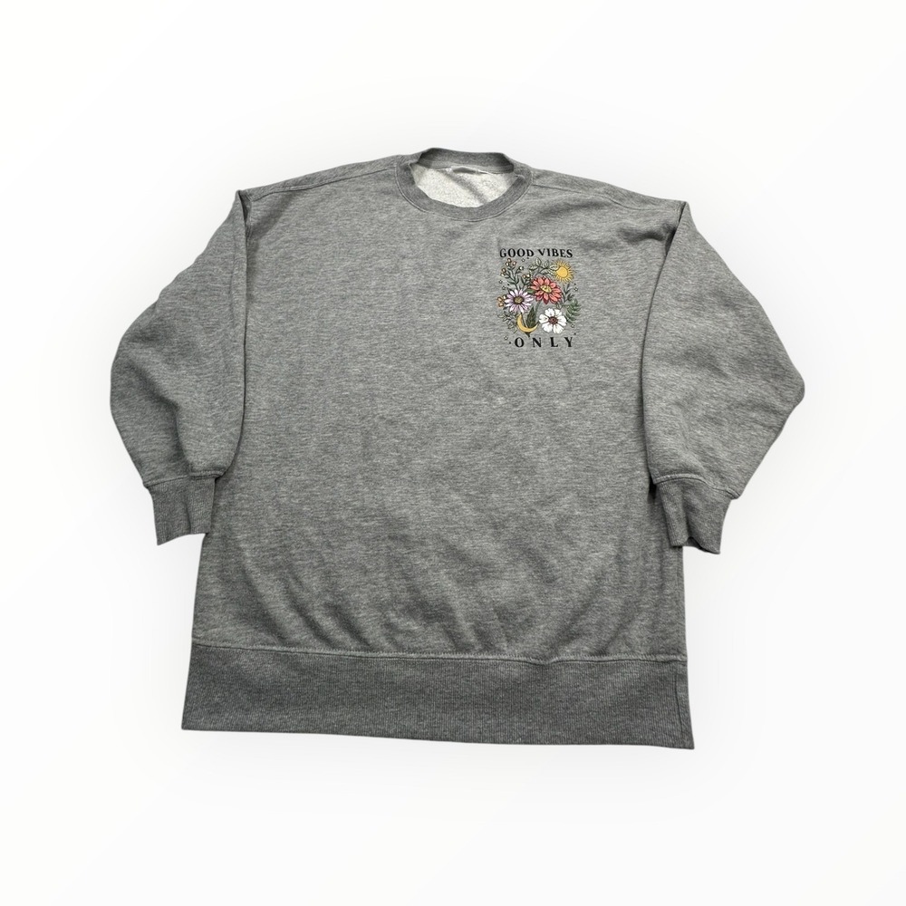 Mighty Fine Good Vibes‎ Only Floral Moon Sun Graphic Sweatshirt Grey XS